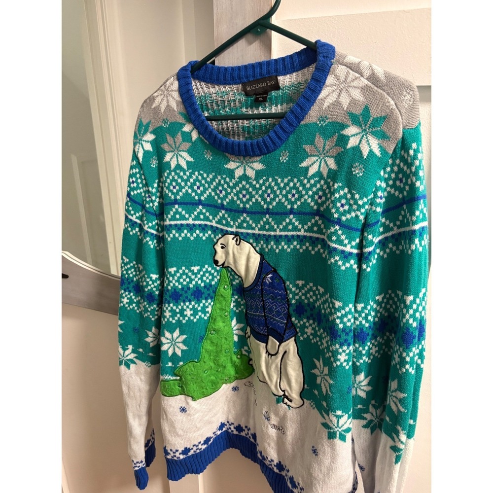 Blizzard Bay Mens Ugly Christmas Sweater Polar Bear Fair Isle Teal Blue XL
